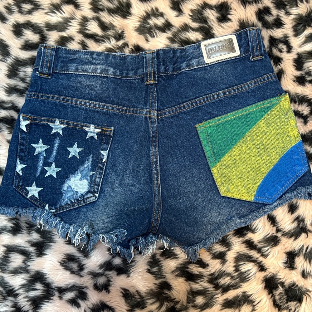 Oh, Boy! Denim From Brazil - Star Print Colorblock Jean Shorts
